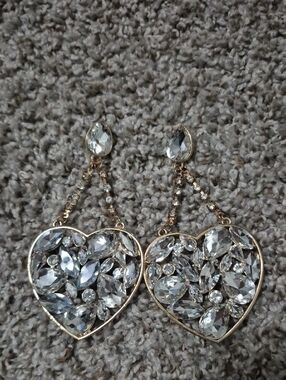 Elegant Gold-Tone Heart Crystal Drop Earrings - Clear Crystals